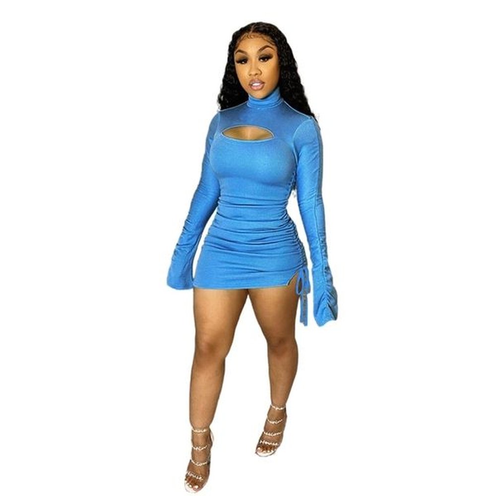 ruched long sleeve hollow out knit ribbed mini dress sexy