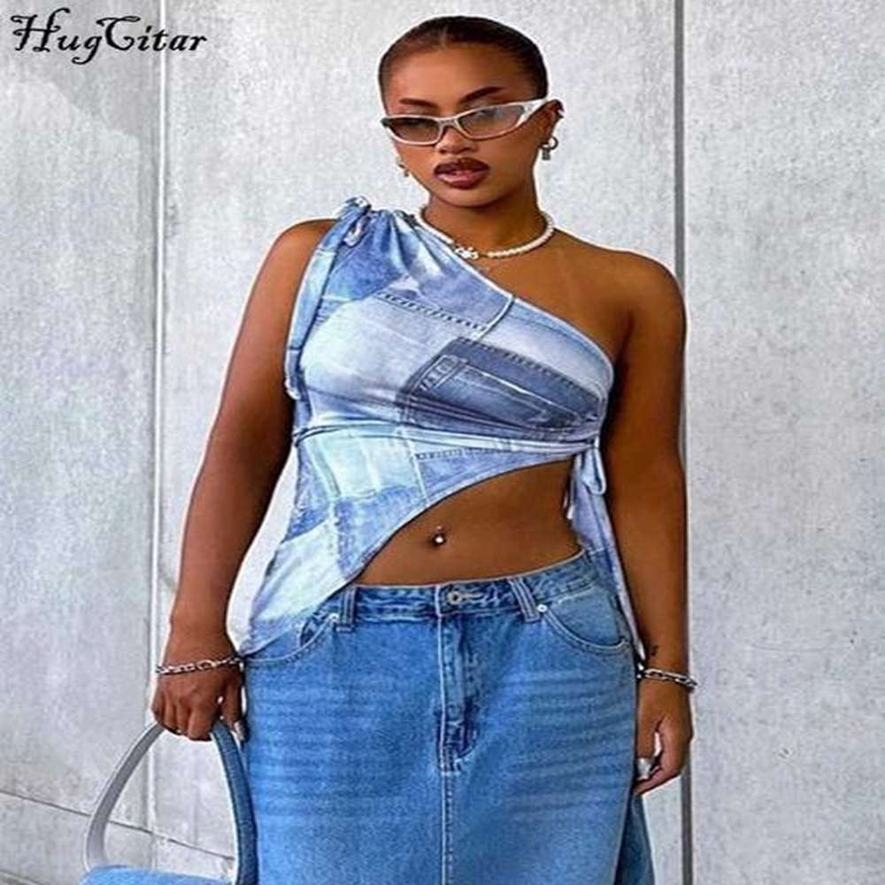 rukas one shoulder faux denim print shirring bandage sexy crop