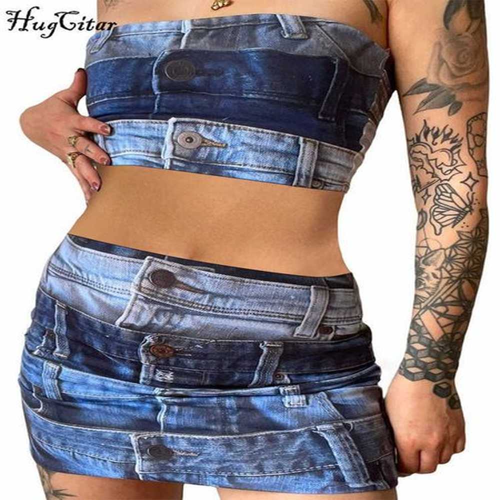 rukas strapless vintage print sexy slim crop tube top skirts