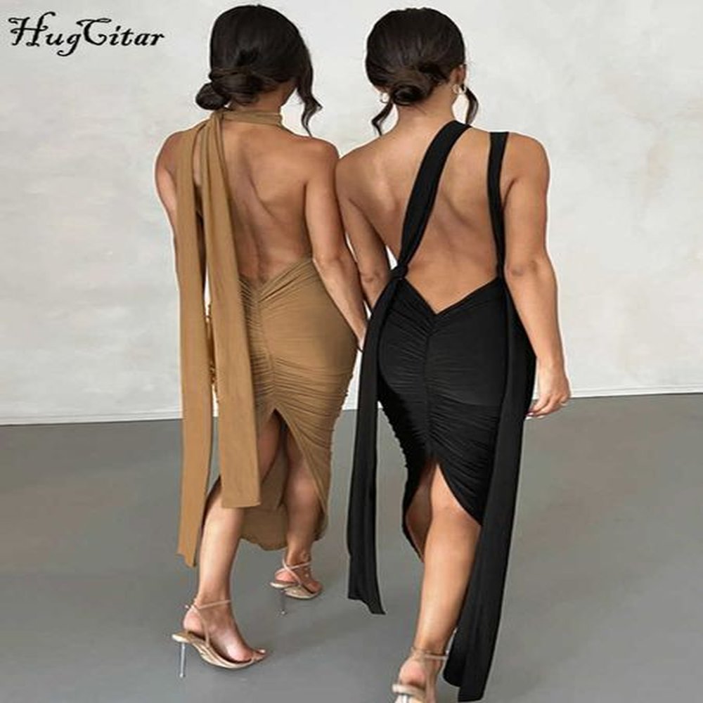 rukas v neck backless adjustable straps solid bandage draped slit