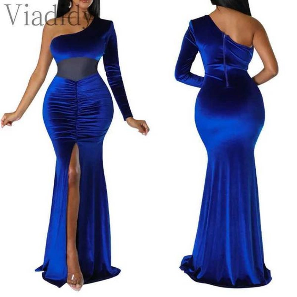 runway dresses one shoulder mesh velvet patchwork high split mermaid
