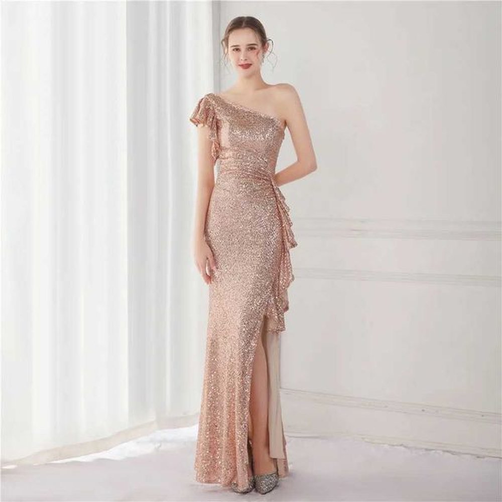 runway dresses yidingzs elegant one shoulder gold sequin dress women