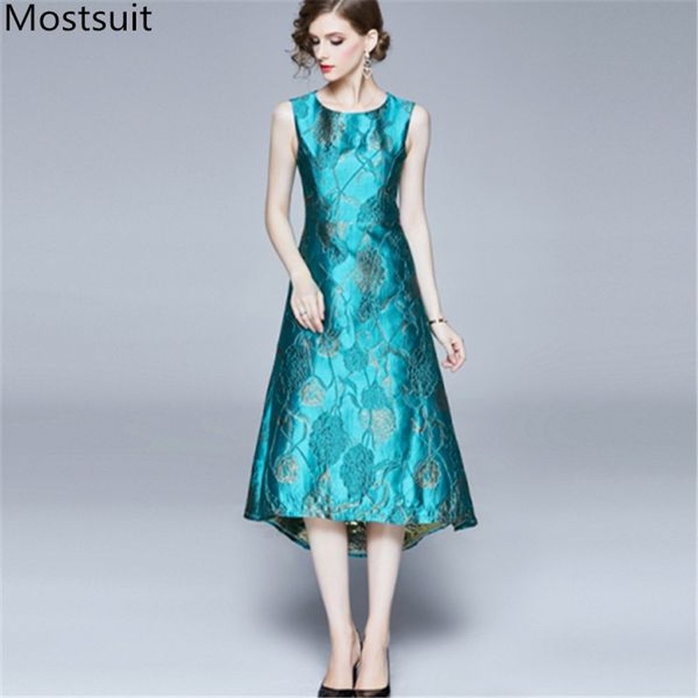 runway fashion vintage jacquard long dress women sleeveless oneck elegant