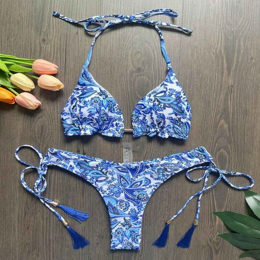 ruotonsept sexy blue and white porcelain print bikini set womens