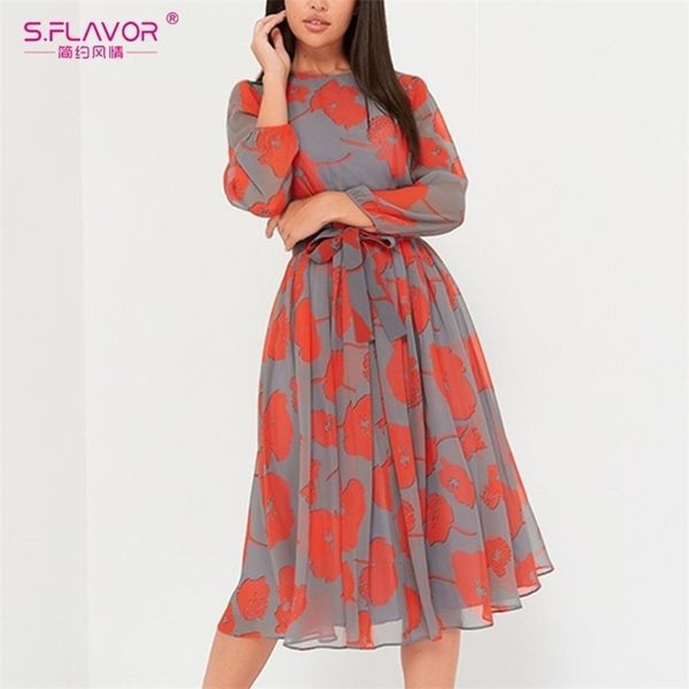 s flavor women printing casual a line dress elegant full