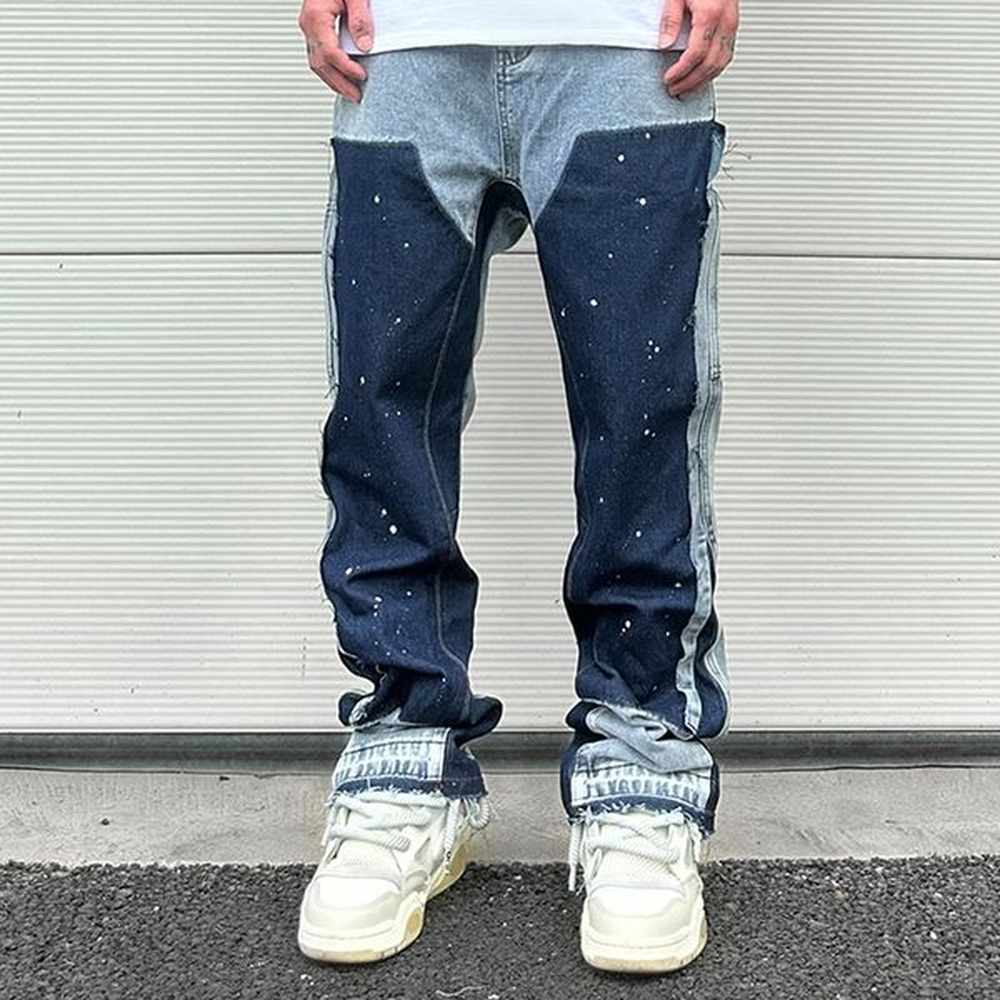 S Jeans Streetwear Speckled Ink Color Match Y2K Baggy for Men Patchwork Rage Fringe Micro Denim Trousers Oversized Loose Cargos 230906