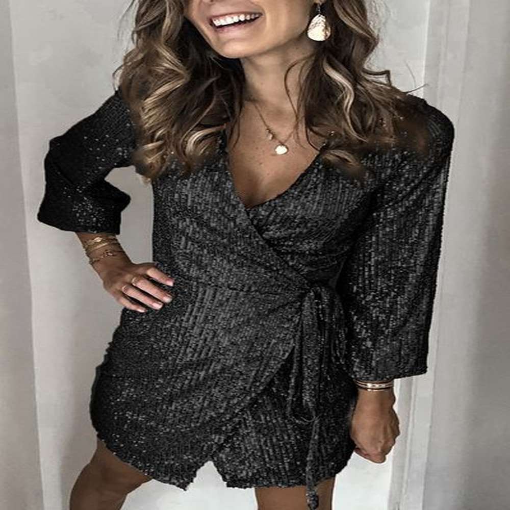 s m l xl sexy wrap long sleeve short dresses
