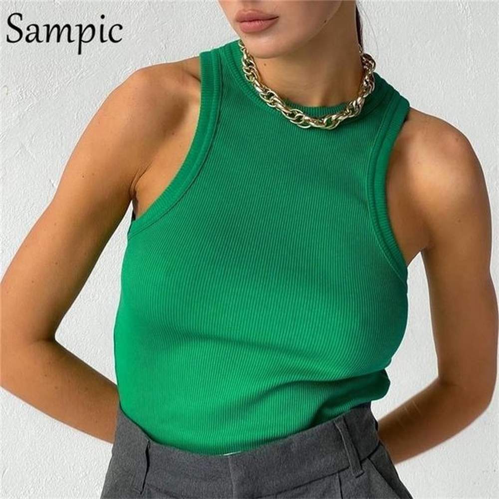sampic knitted summer ribber sleevless t shirt tops women casual