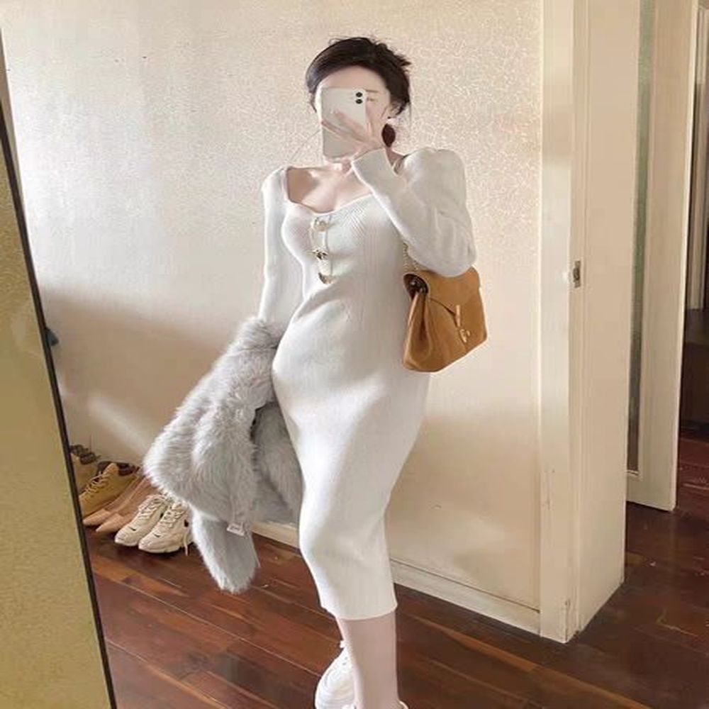 selfportrait long sleeve light mature square neck slim knitted long