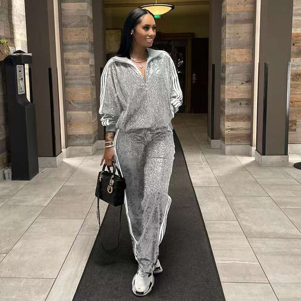 sequin fashion casual tracksuits autumn side stripe zipper jacket and