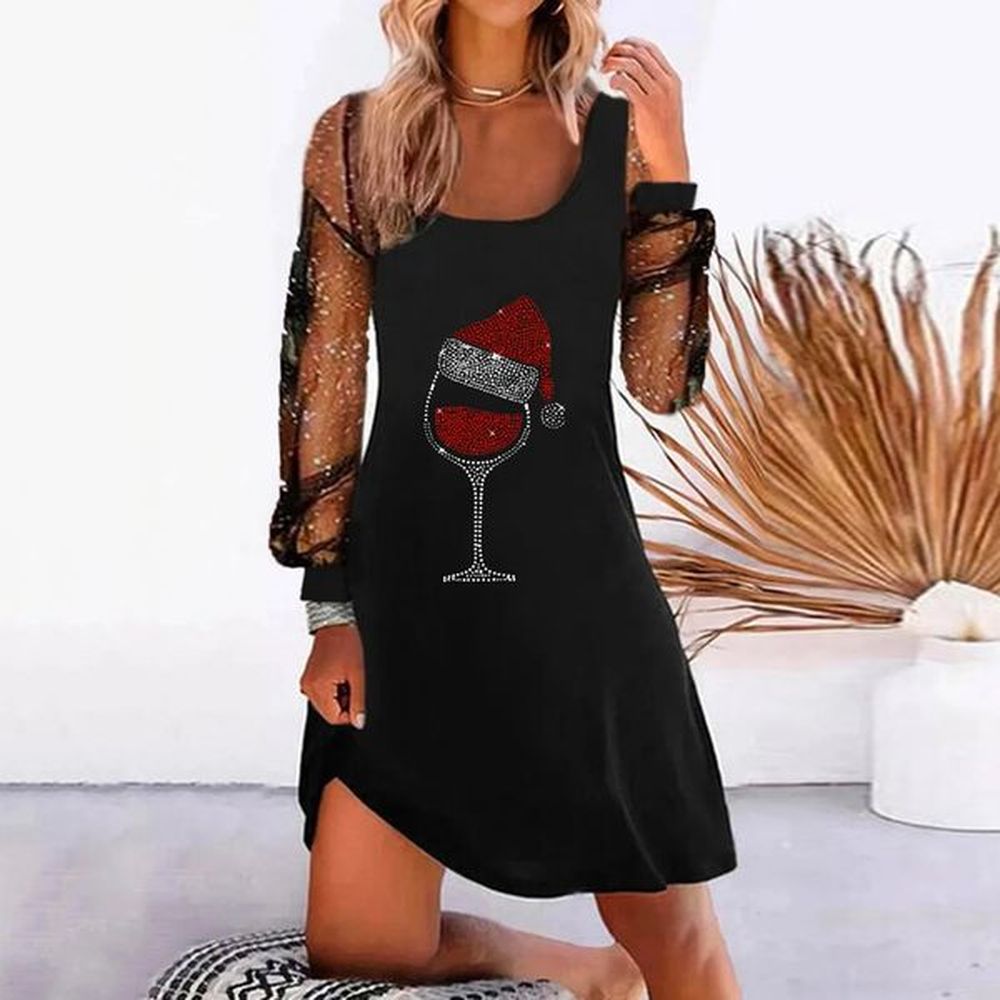 sequin mesh long sleeve patchwork women dress christmas red hat