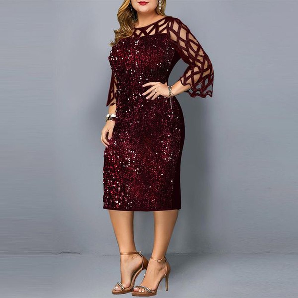 sequin mesh midi dress plus size ladies lace party dress