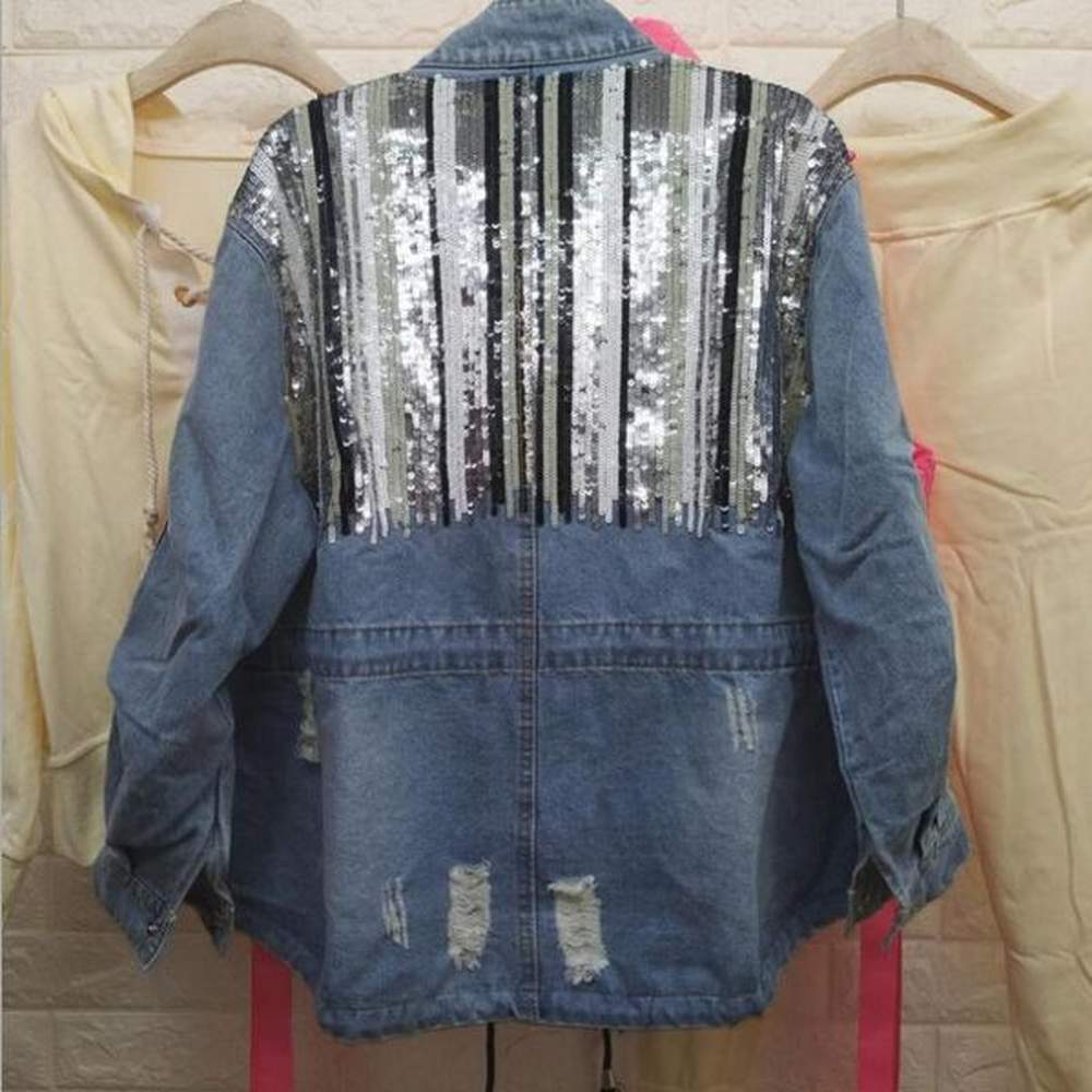 sequined denim jacket autumn female wear loose heavy sequins retro