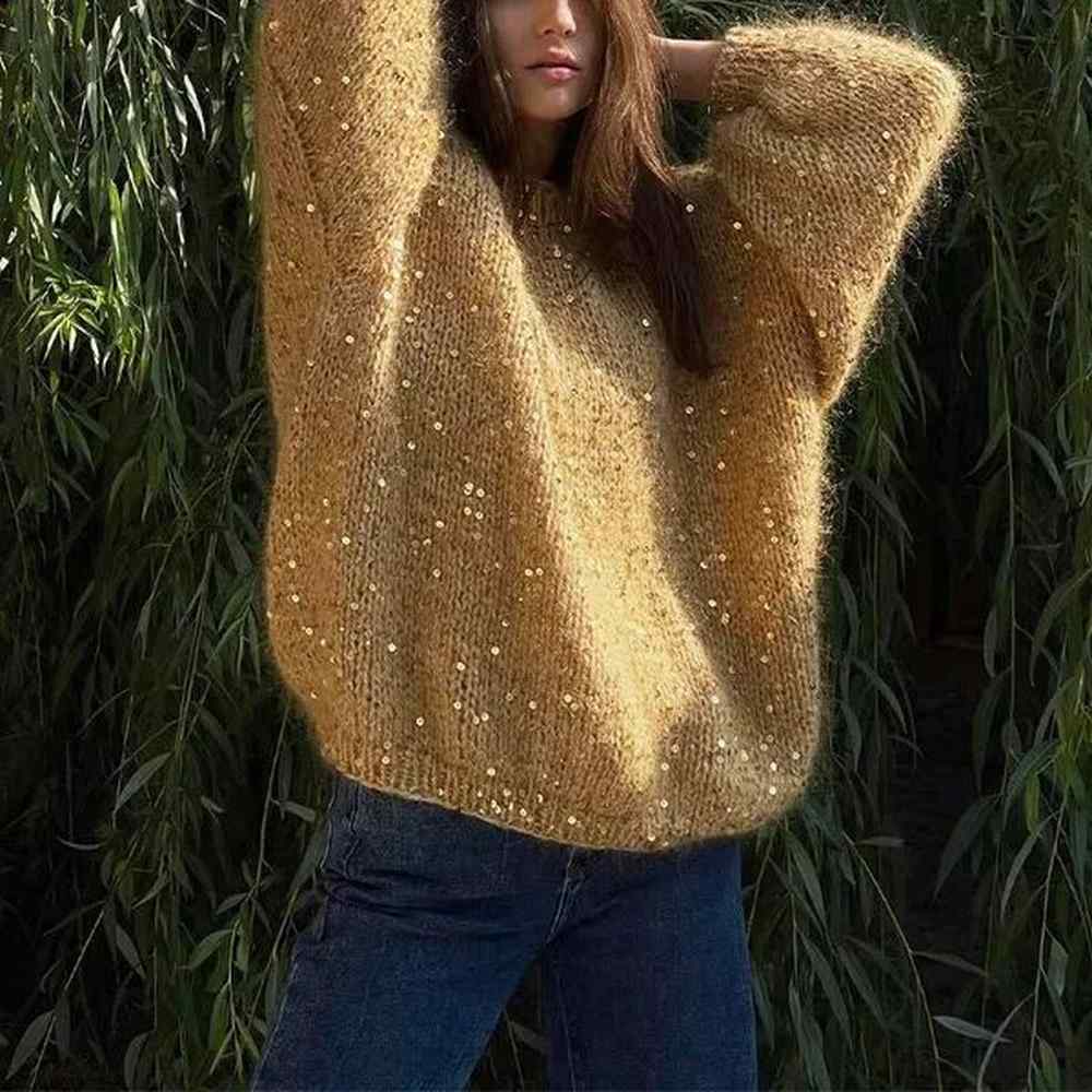 sequined mohair sweater womens loose ocollar lantern long sleeve sparkling