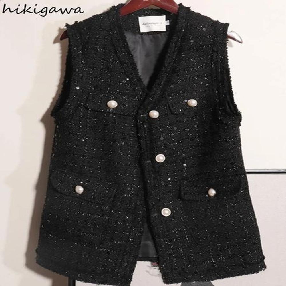 sequins vneck tops women vests coat black temperament waistcoat ropa