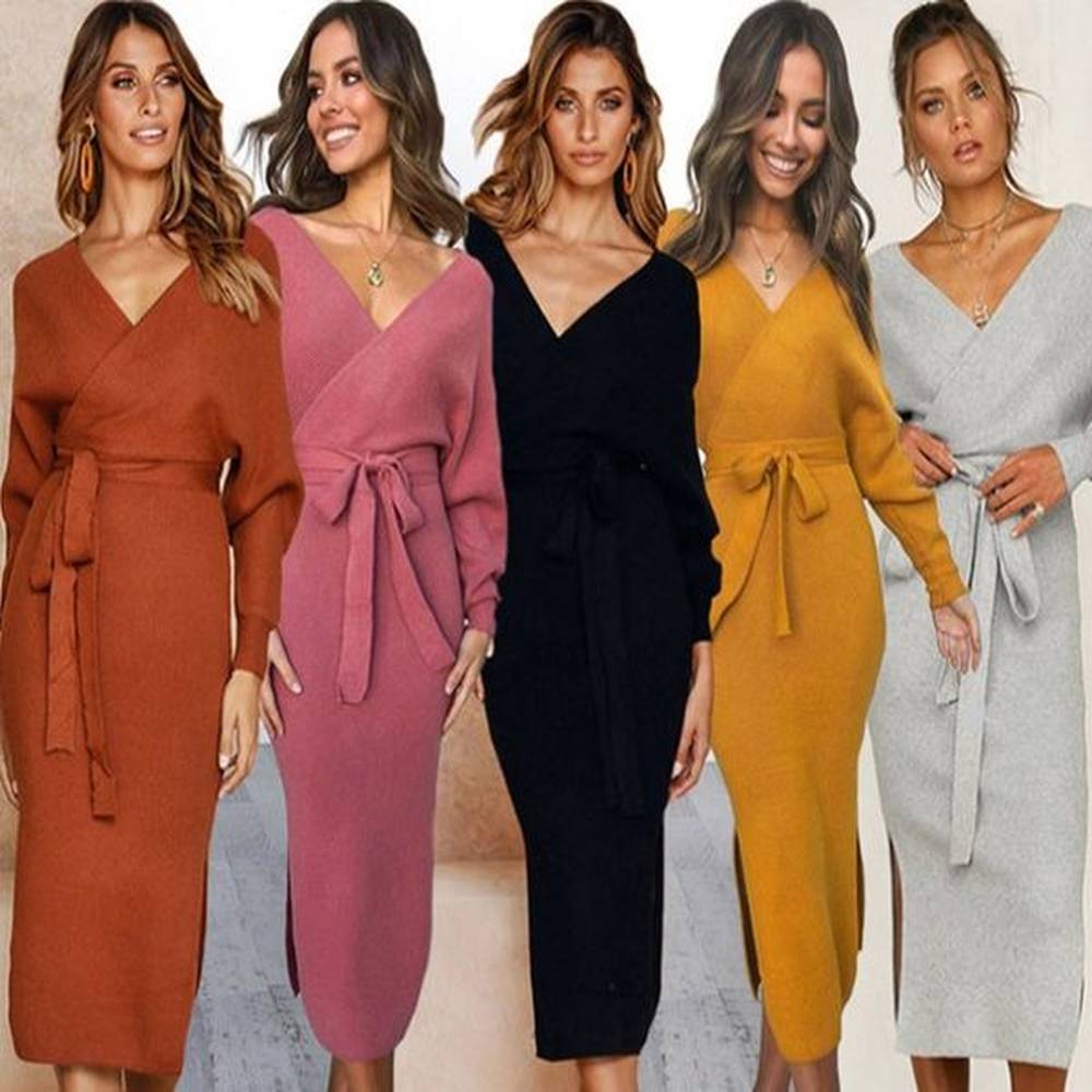 sexy autumn vneck cross belt sweater knit dress slim winter