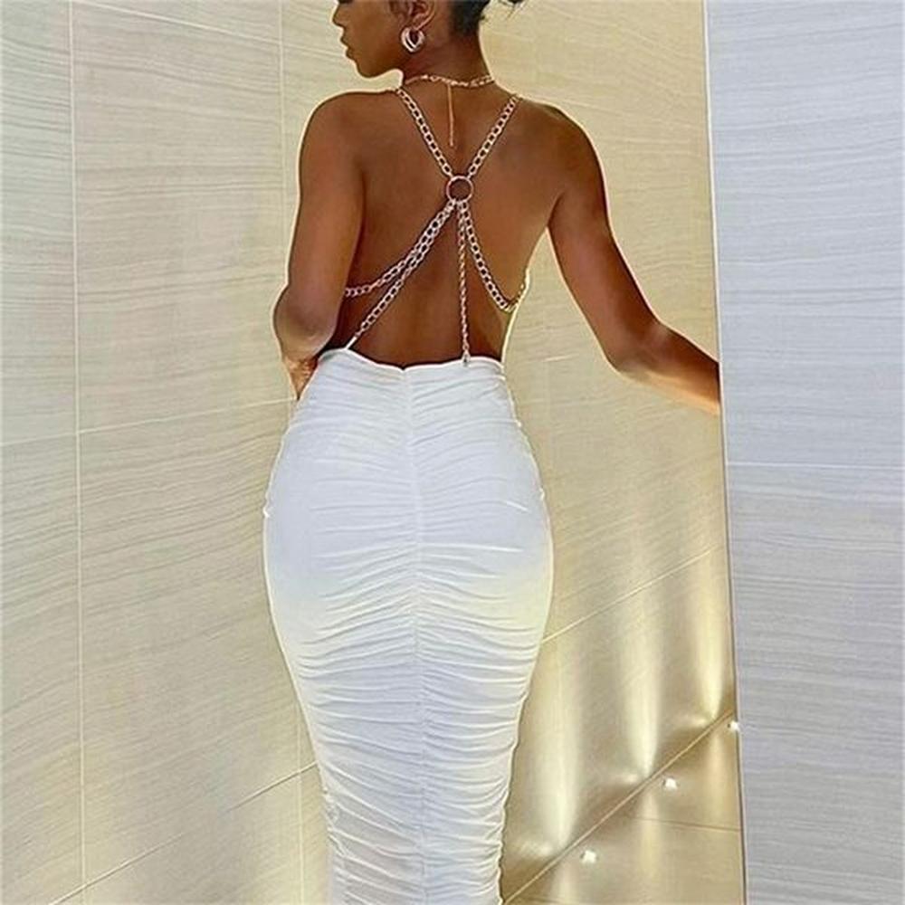 sexy backless halter bodycon midi dress women elegant white ruched