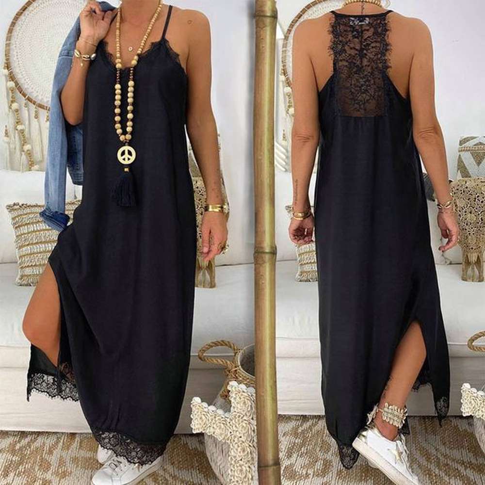 sexy black lace patchwork strap maxi dress v neck sleeveless
