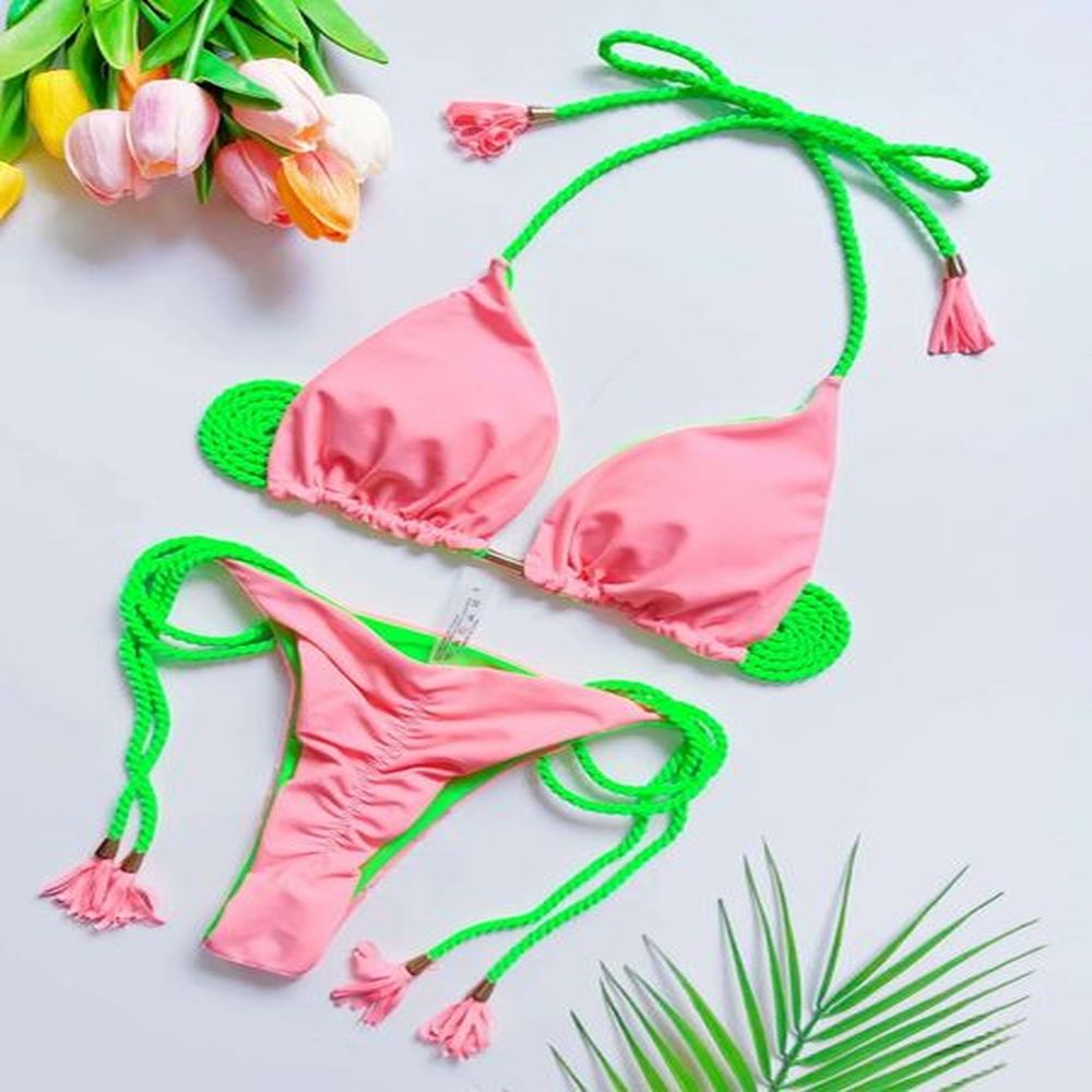 sexy braiding rope solid bikini set swimwear womens swimsuit