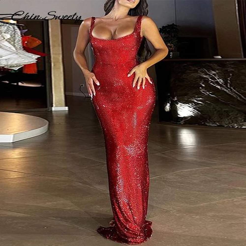 sexy bright silk slip long dress women sequin split backless