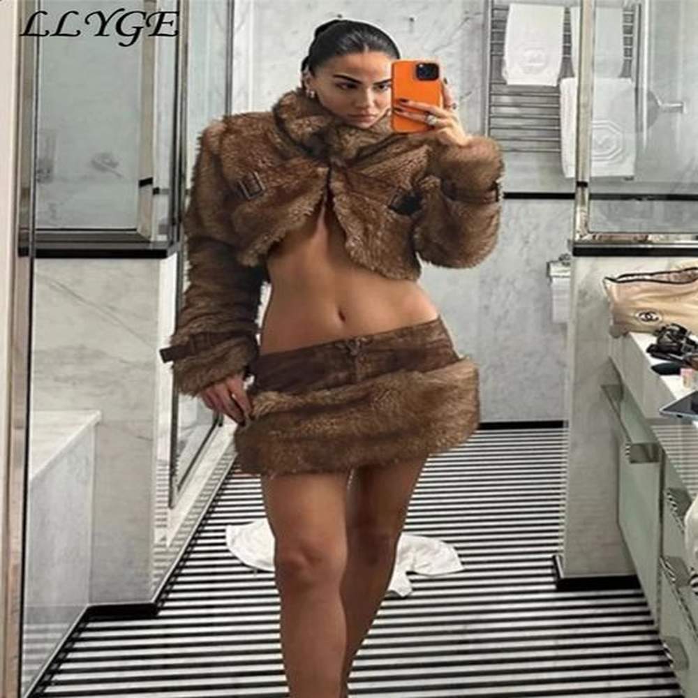 sexy crop fur coat mini skirt sets women lapel full