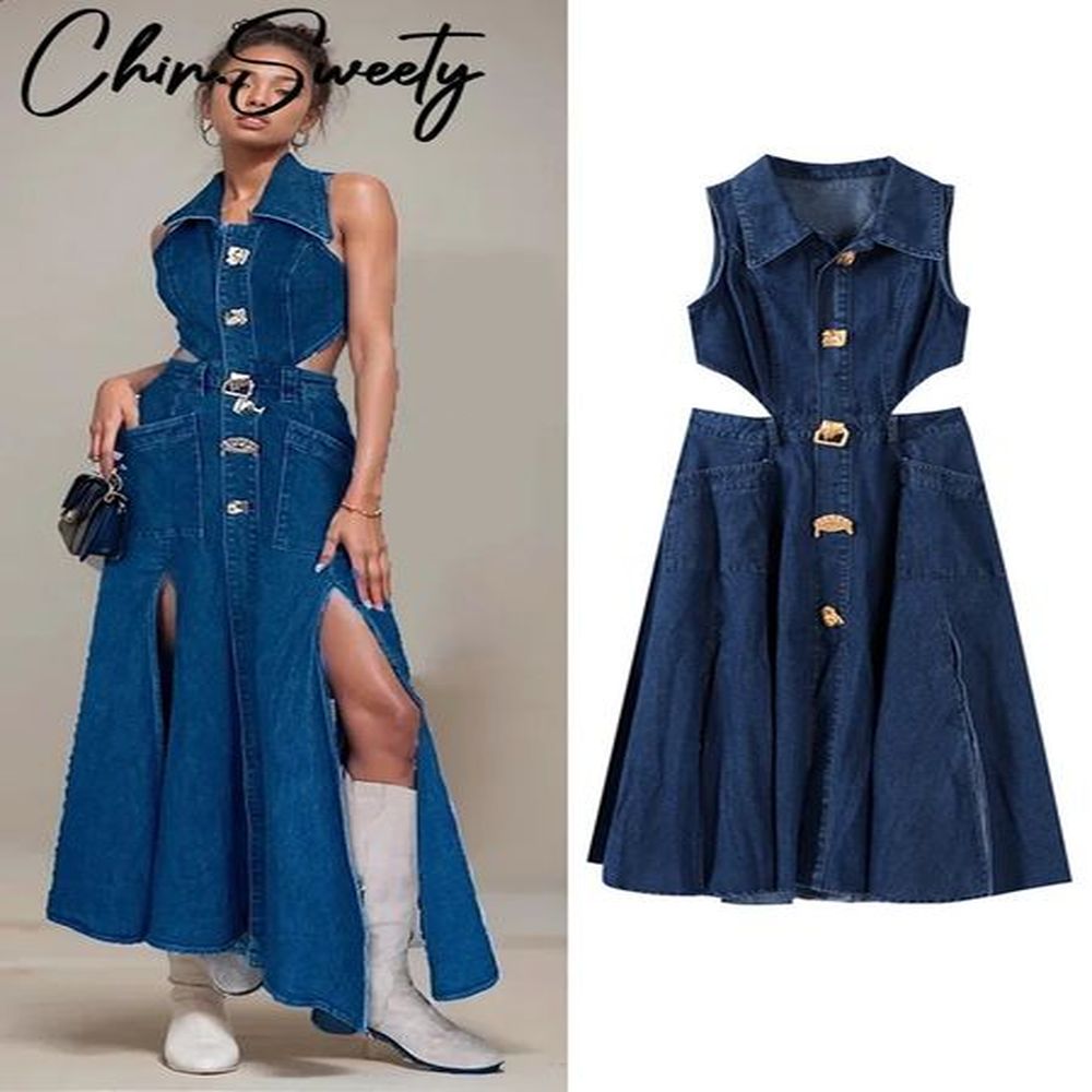 sexy denim hollow out dress women sleeveless turndown collar side