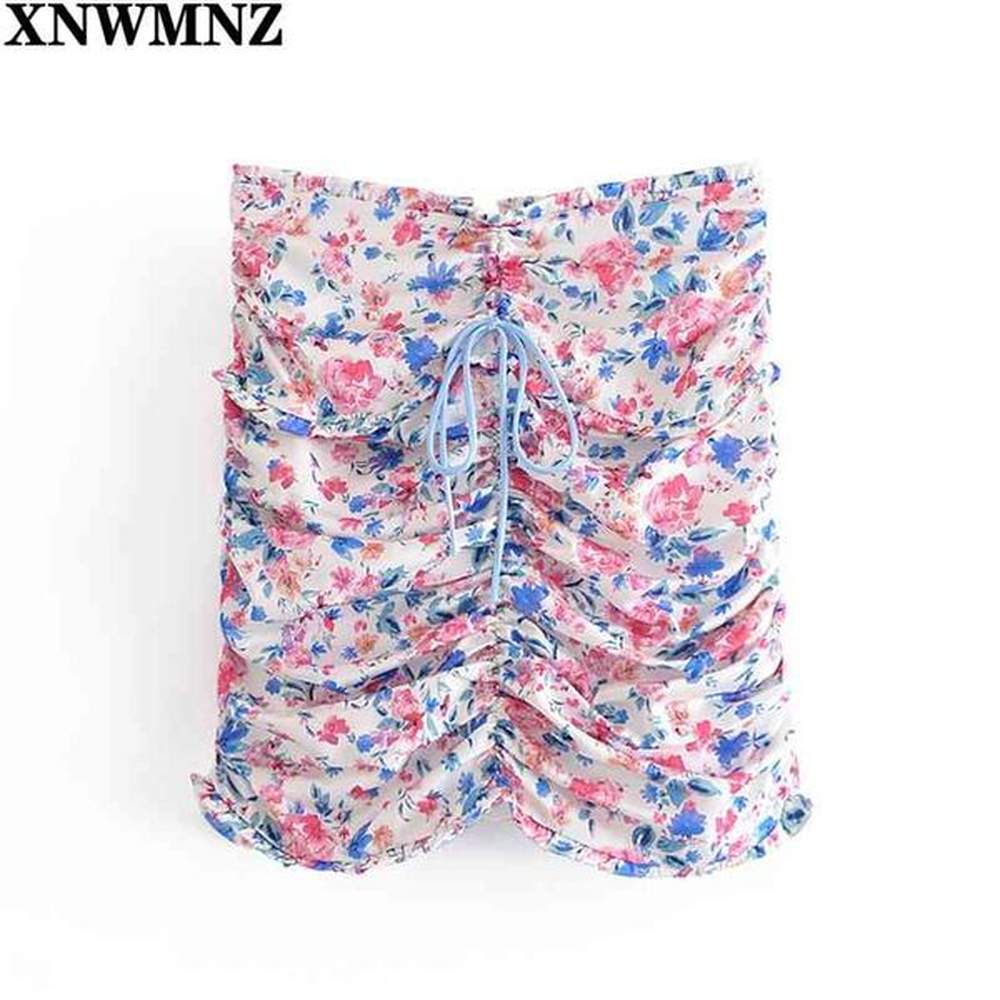 sexy drawstring draped print floral skirt women back zipper high
