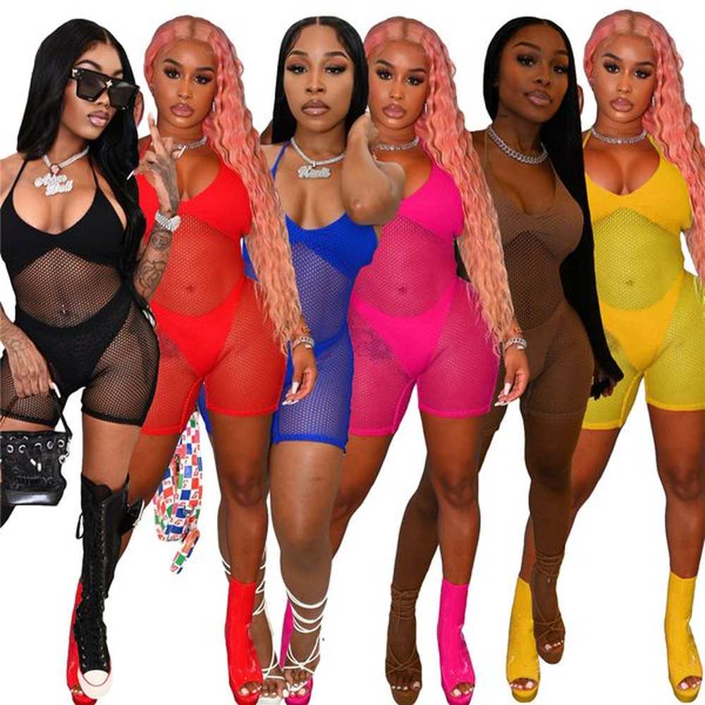 sexy fish net rompers women summer clothes bodycon halter jumpsuits
