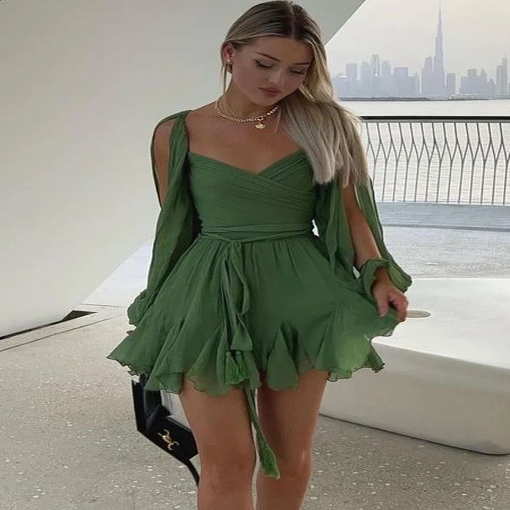 sexy green pleated mini dress for women elegant vneck split