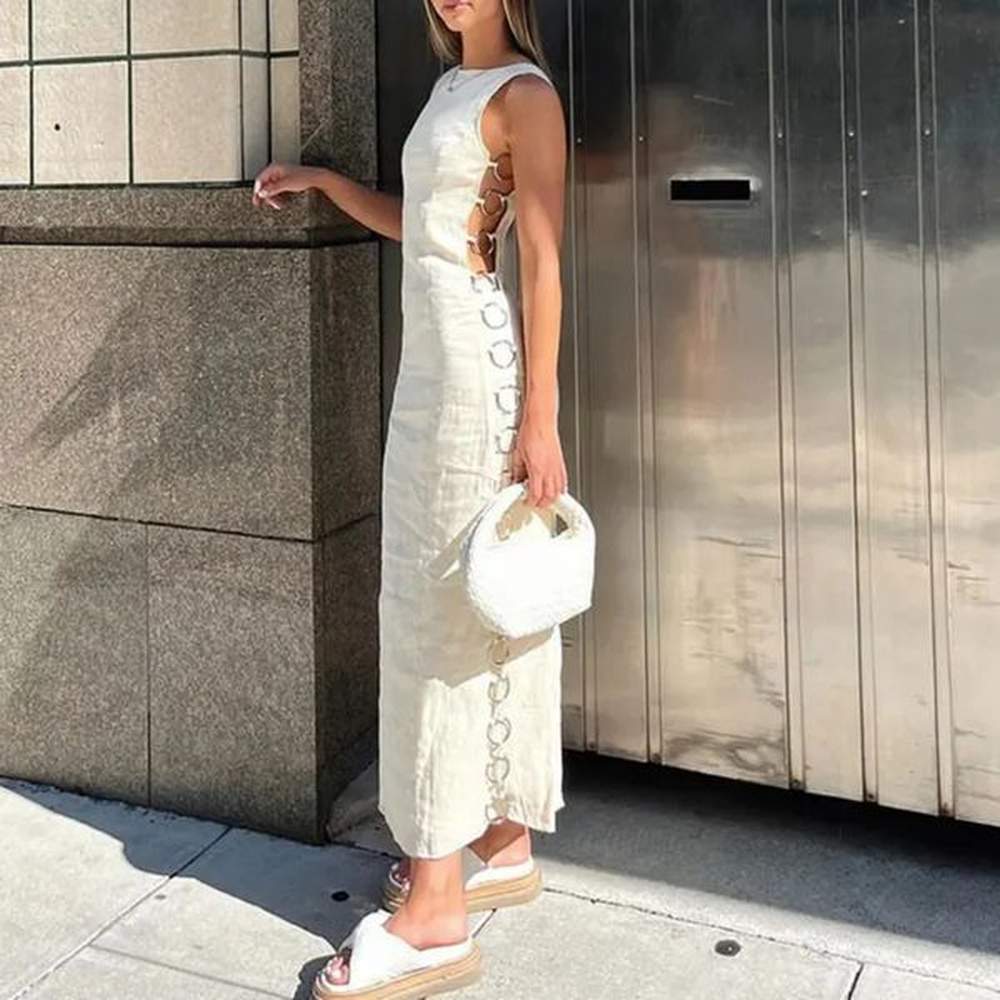 sexy hollow out iron ring connected dress women elegant o