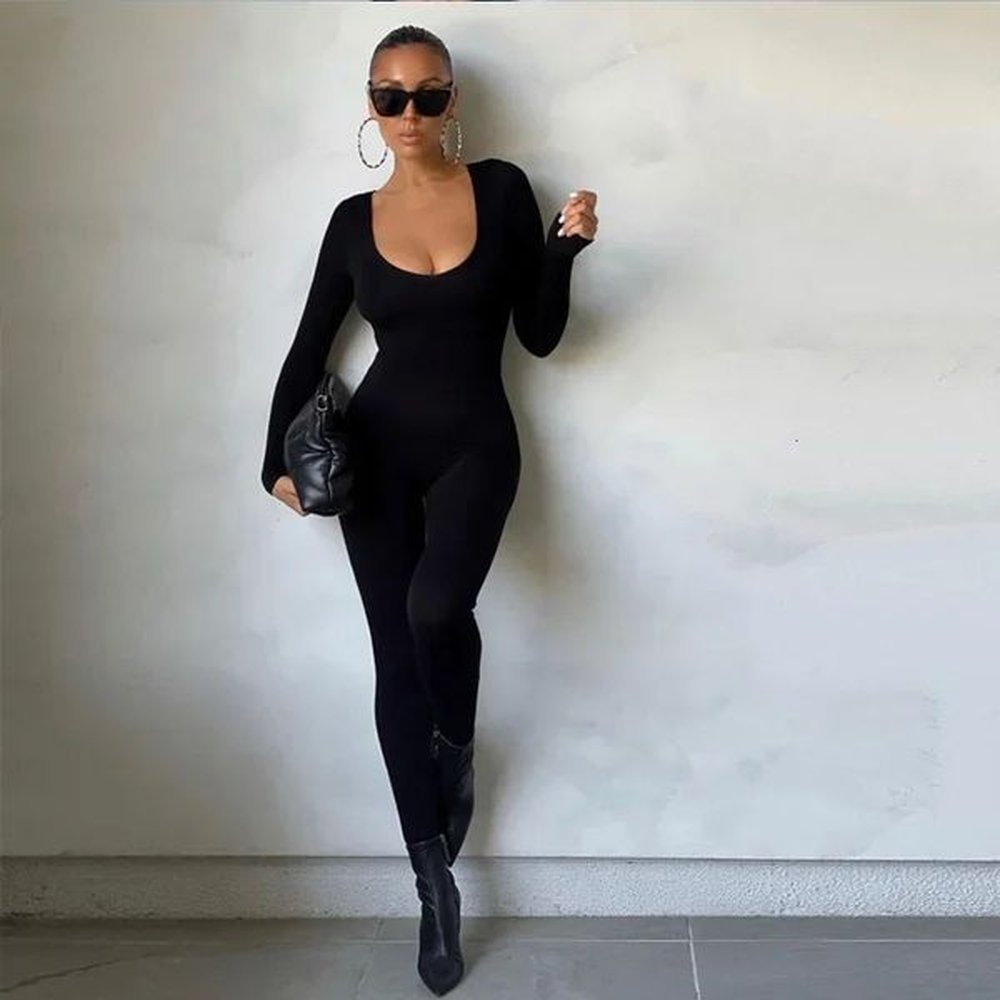 sexy jumpsuits women autumn solid long sleeve bodycon black rompers