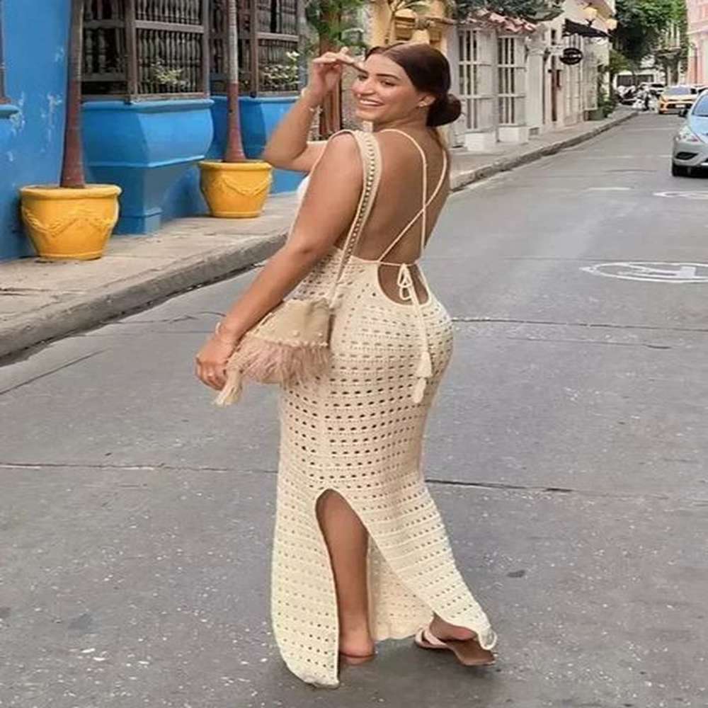 sexy knitted cut tassel spaghetti strap bodycon beach maxi dress