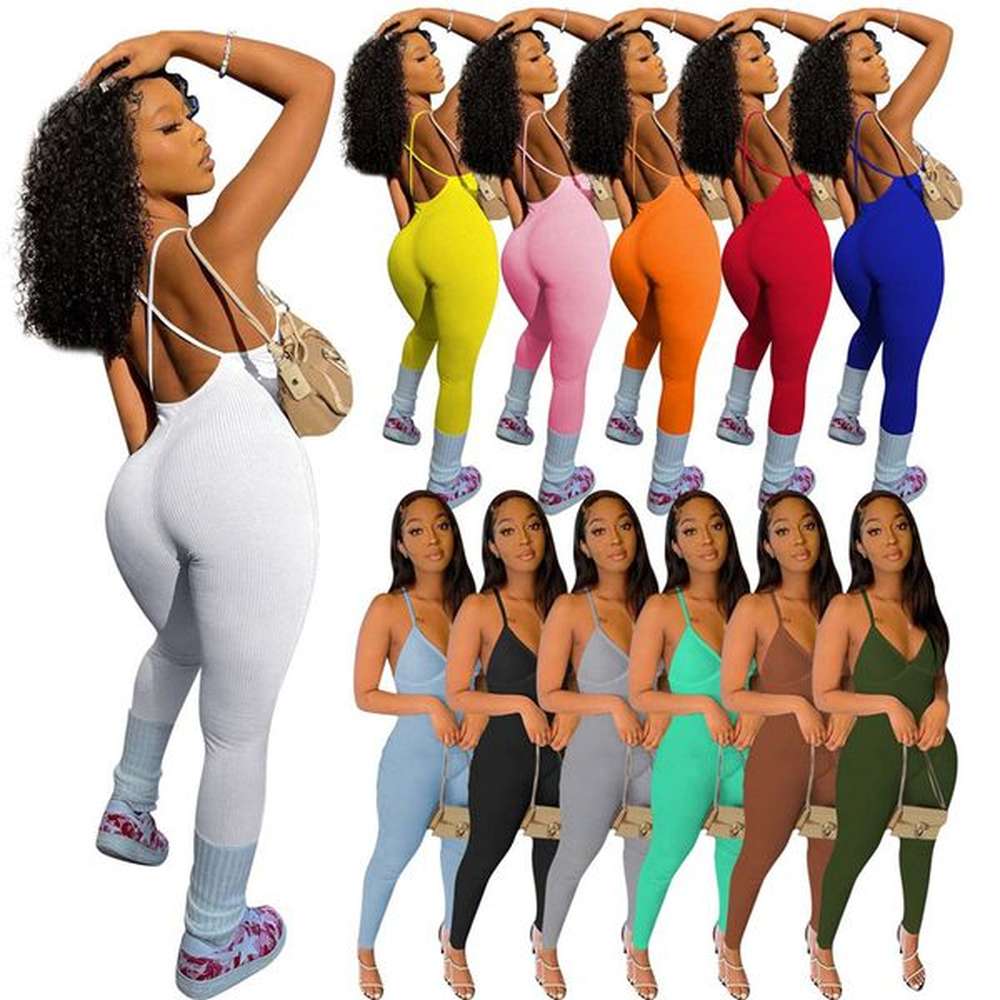 sexy knitted ribbed jumpsuits women backless jumpers suits solid bodycon