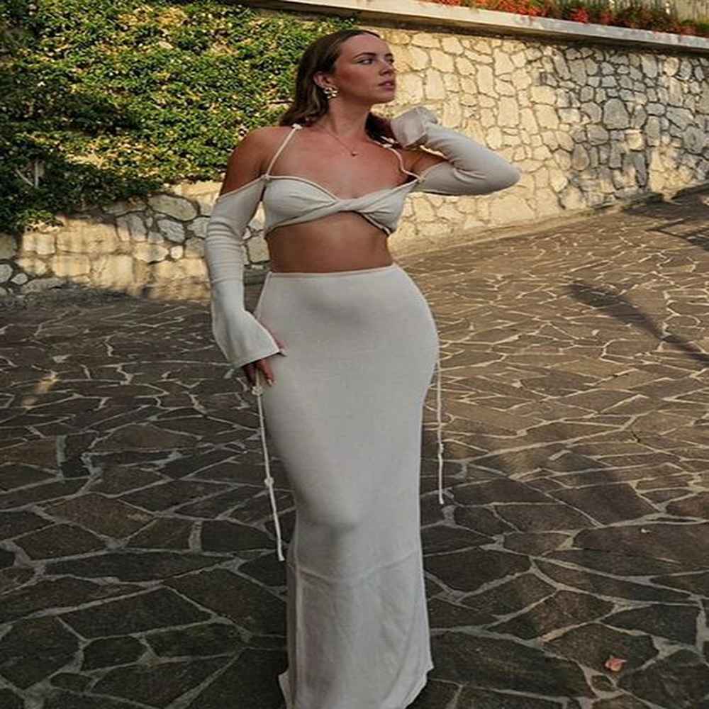 sexy knitted sling bikini long skirts womans set casual slim