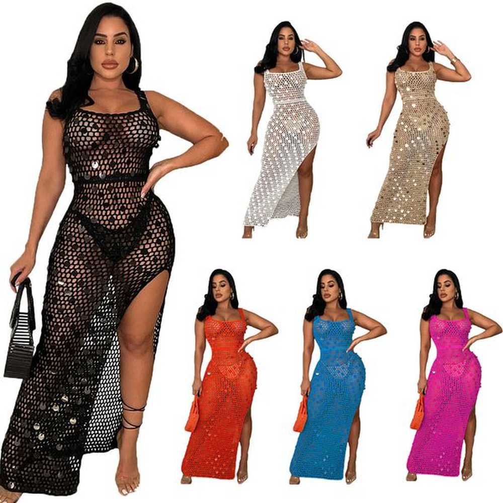 sexy knitting sequin hollowed long dress women sleeveless side split