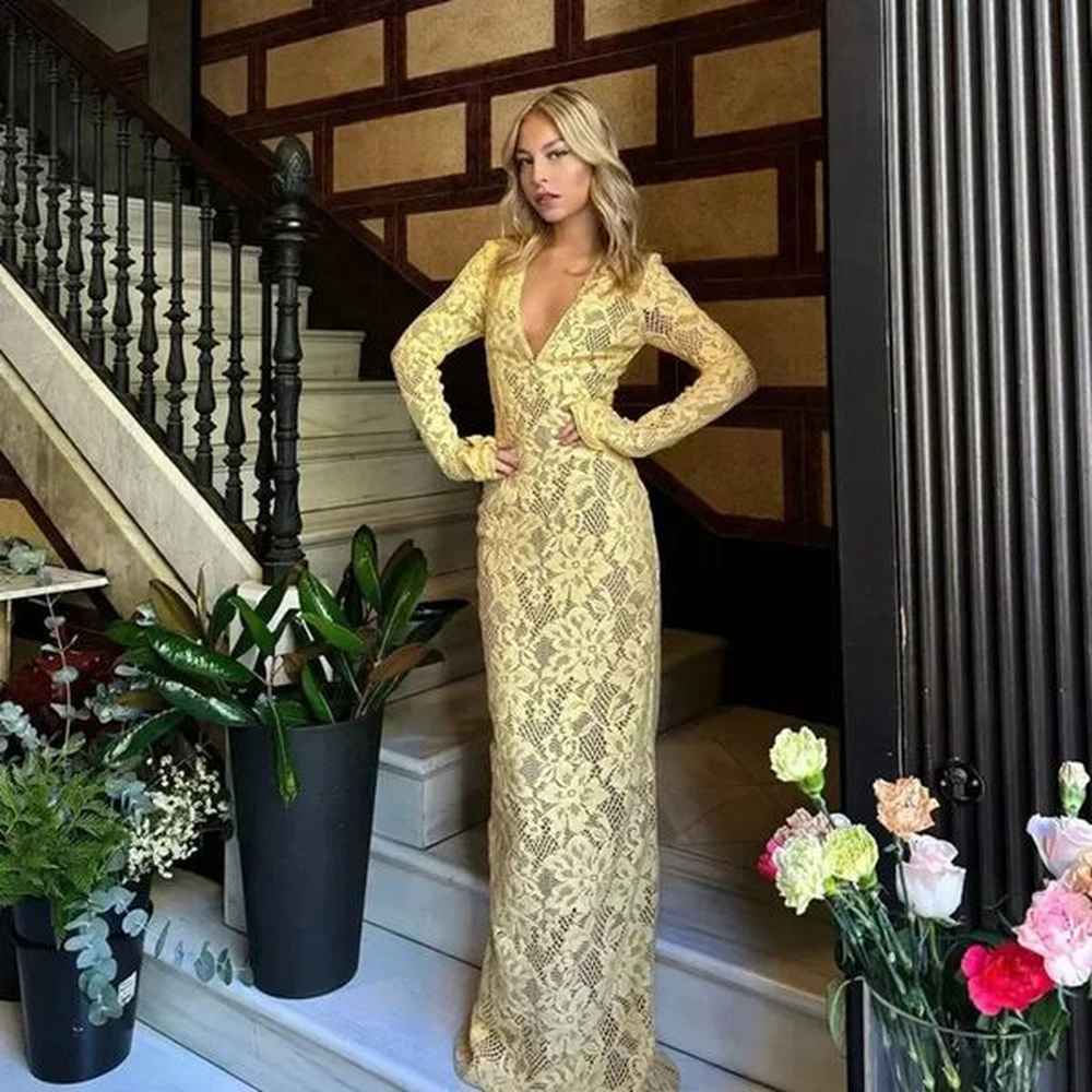 sexy lace deep vneck ultra long dress for women elegant