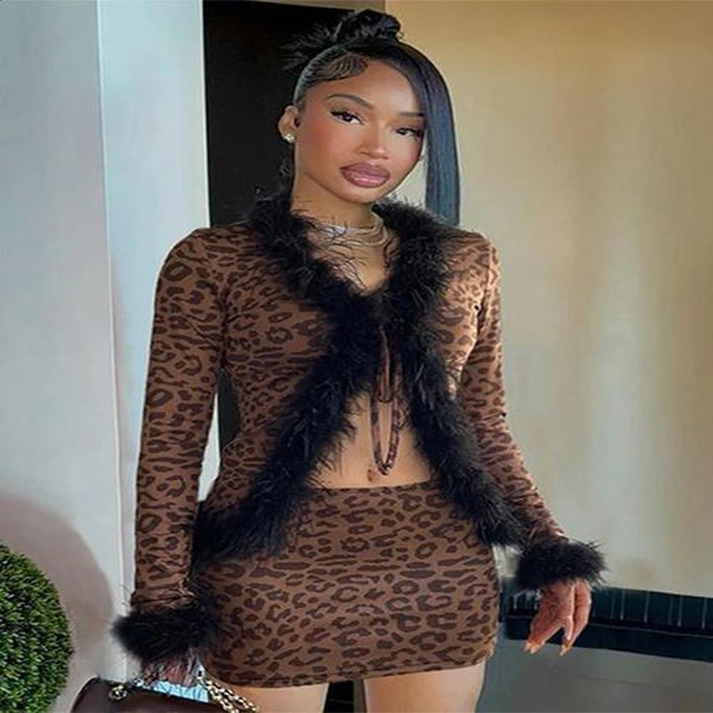 sexy leopard print womens two pieces set yk full sleeve