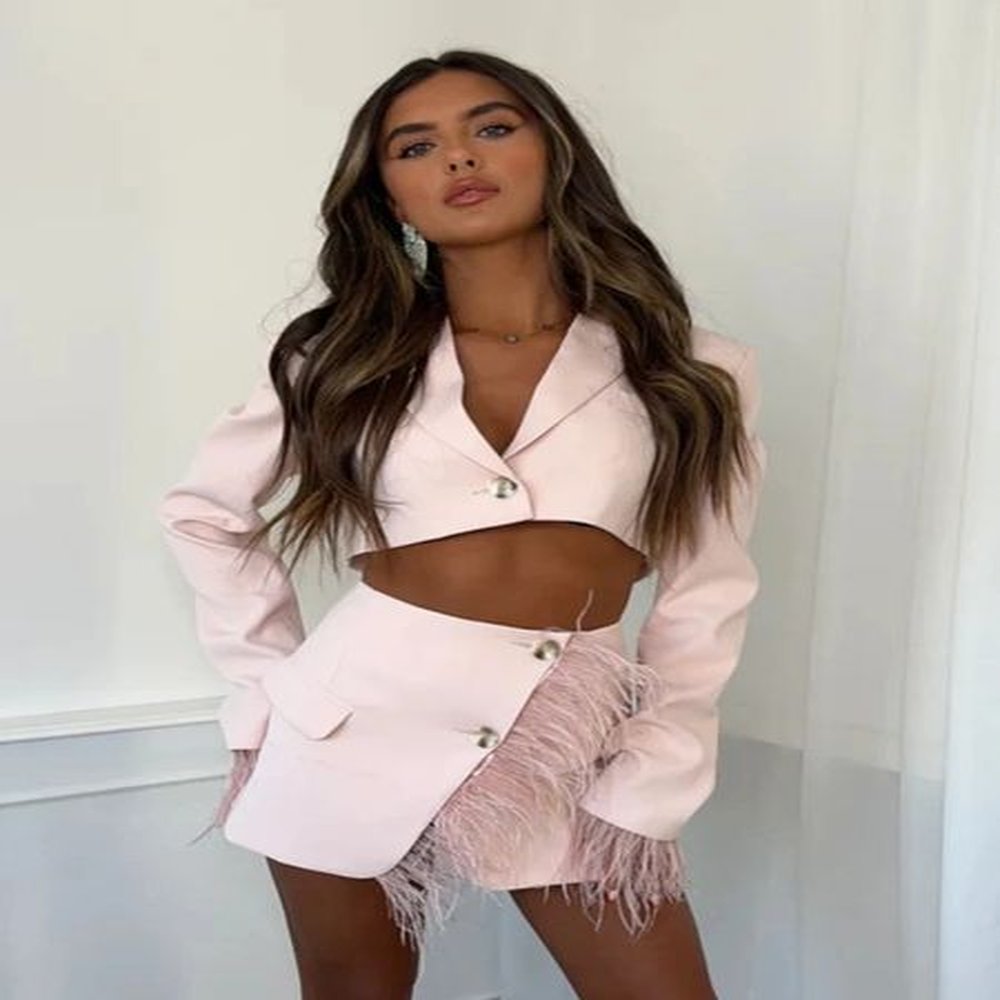 sexy long sleeve cropped feather blazer feathers skirt two piece