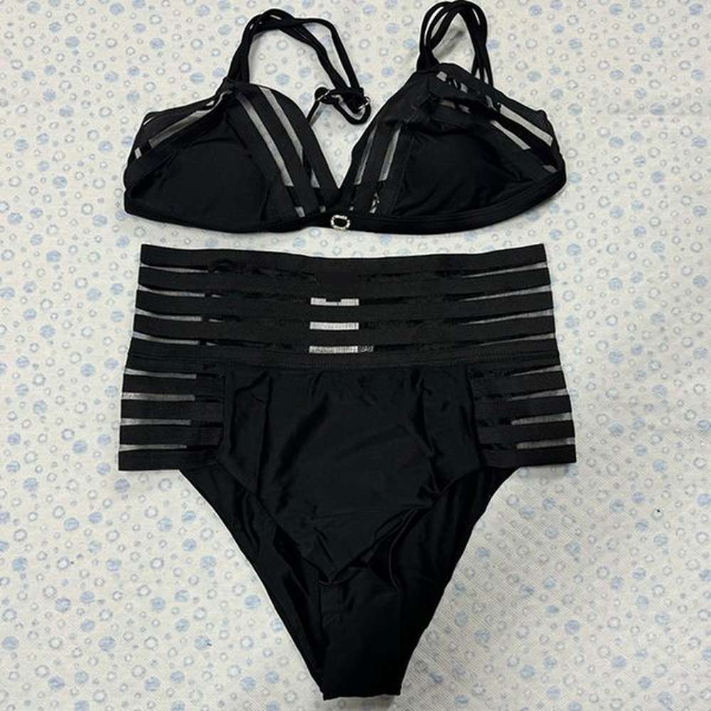 sexy mesh bikini striped halter swimwear metal letter swimsuit high