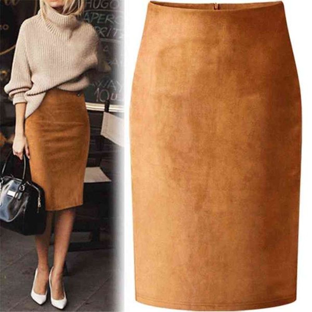 sexy multi color suede midi pencil skirt women fashion elastic