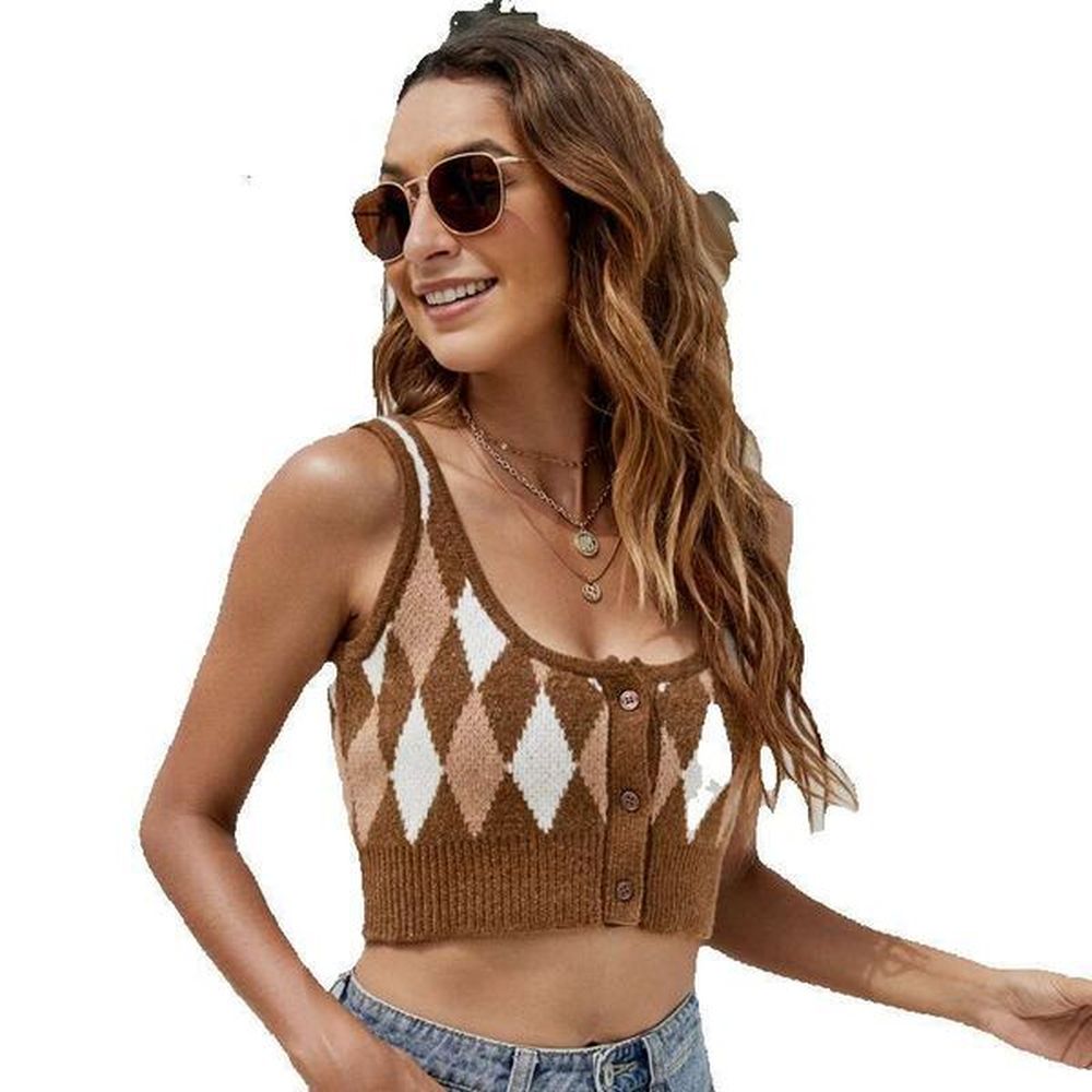 sexy navel exposed diamond plaid small vest with uneck short