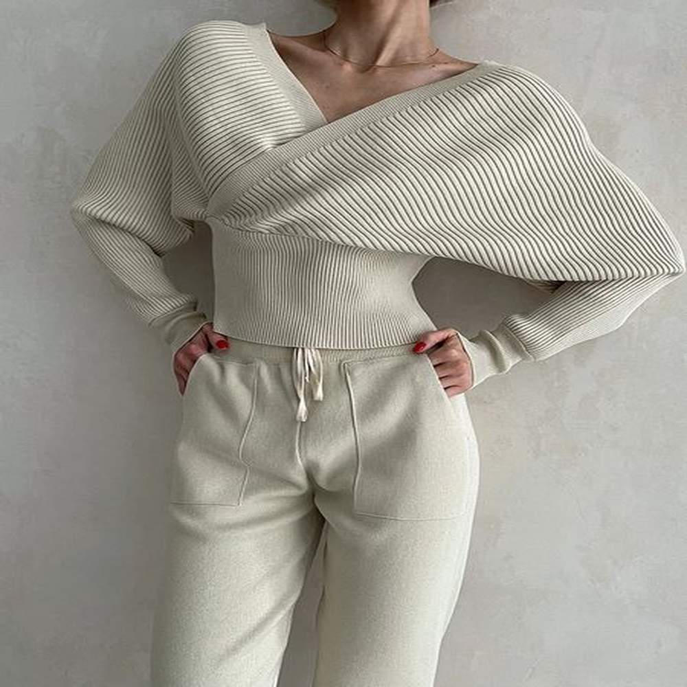 sexy off shoulder knitted two set long sleeve sport tracksuit