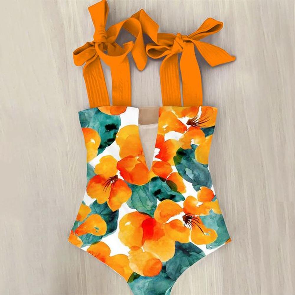 sexy one piece swimsuit shoulder strappy swimsuit print floral