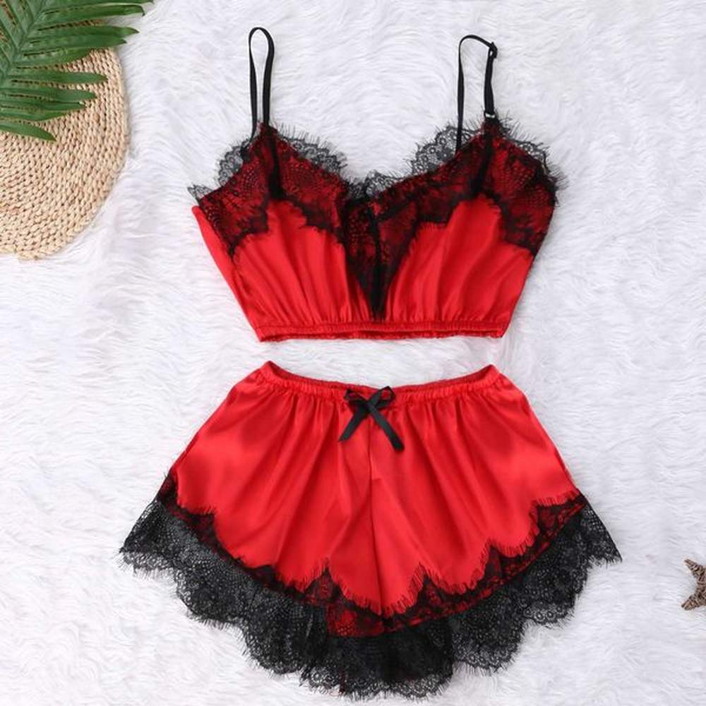 sexy pajamas sets v neck sleeveless lace bowknot shorts sleepwear