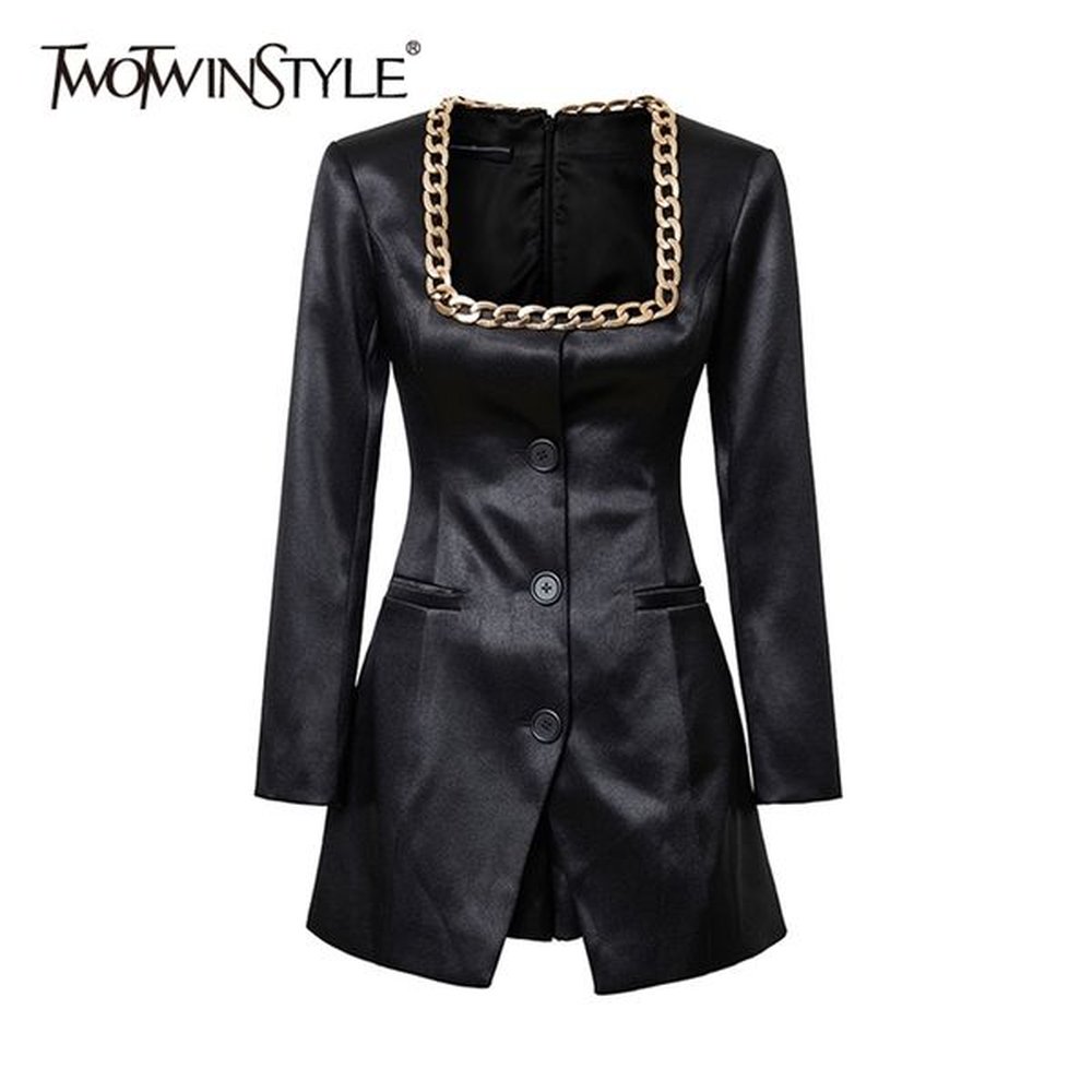 sexy patchwork chain suit female square collar long sleeve high