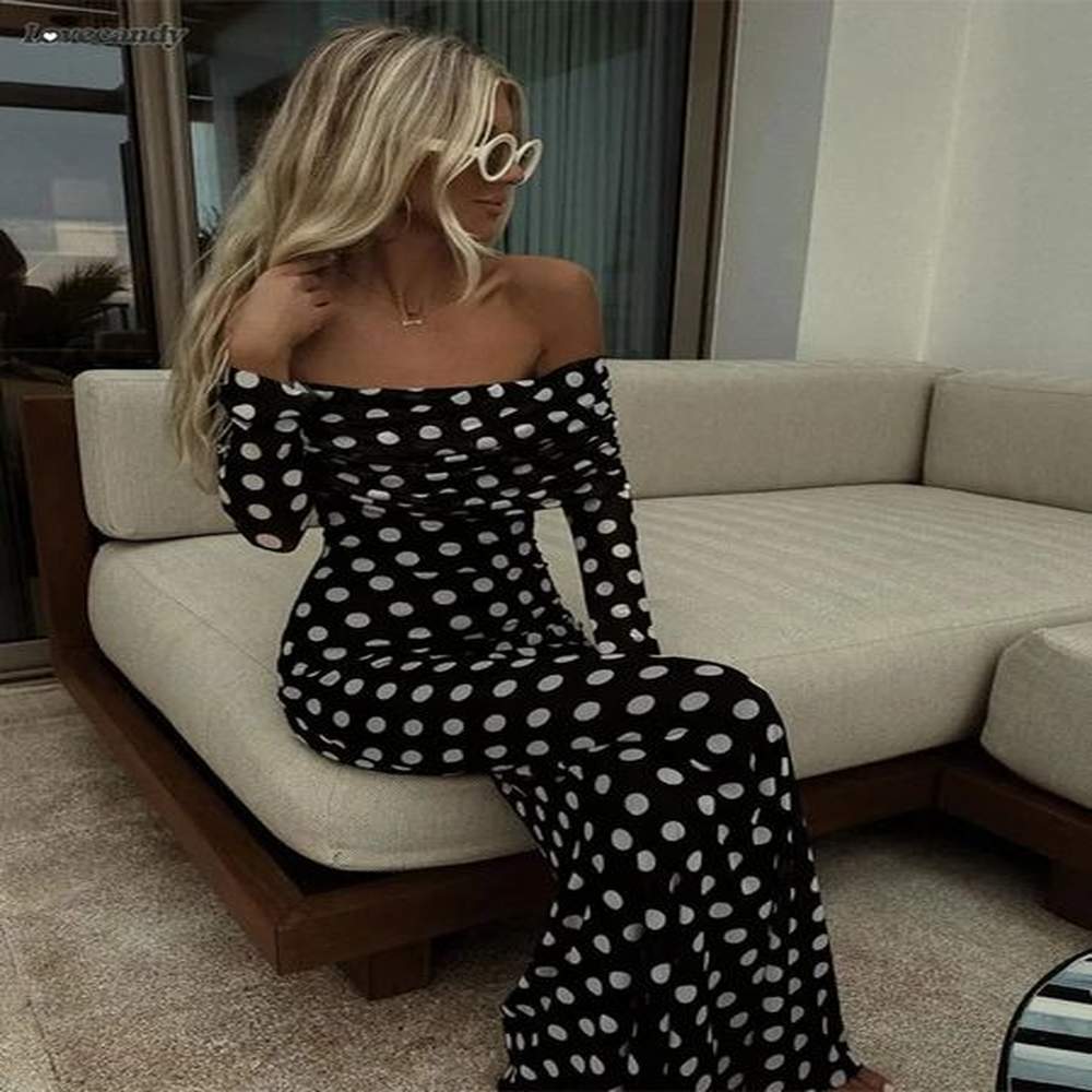 sexy polka dots print dress off shoulder patchwork maxi dress