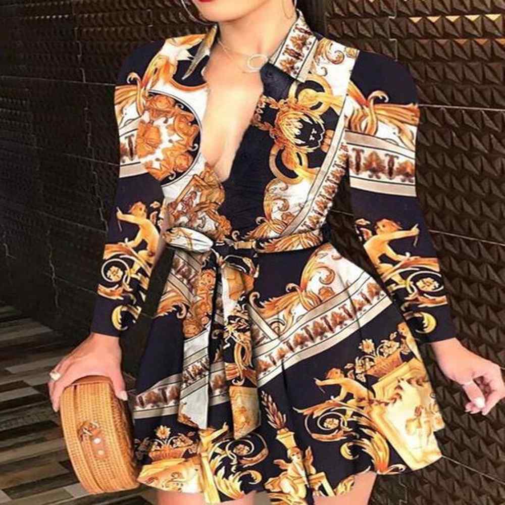 sexy printed vneck dresses women lace up button down chain