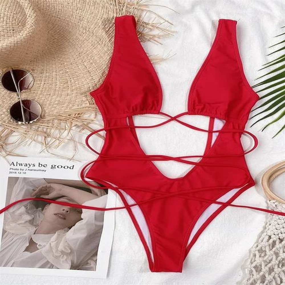 sexy red swimsuit micro string bikini hollow out backless monokini