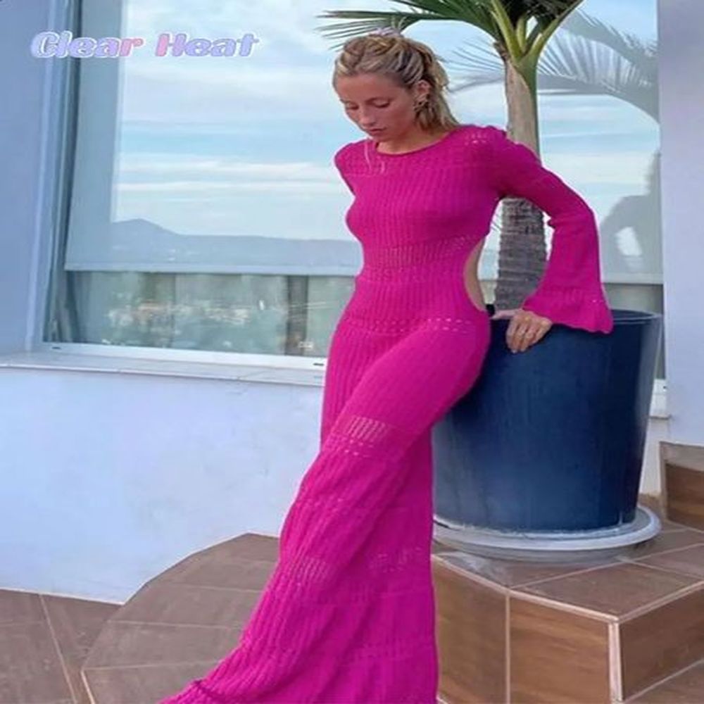 sexy solid hollow out flare long sleeve dress for woman