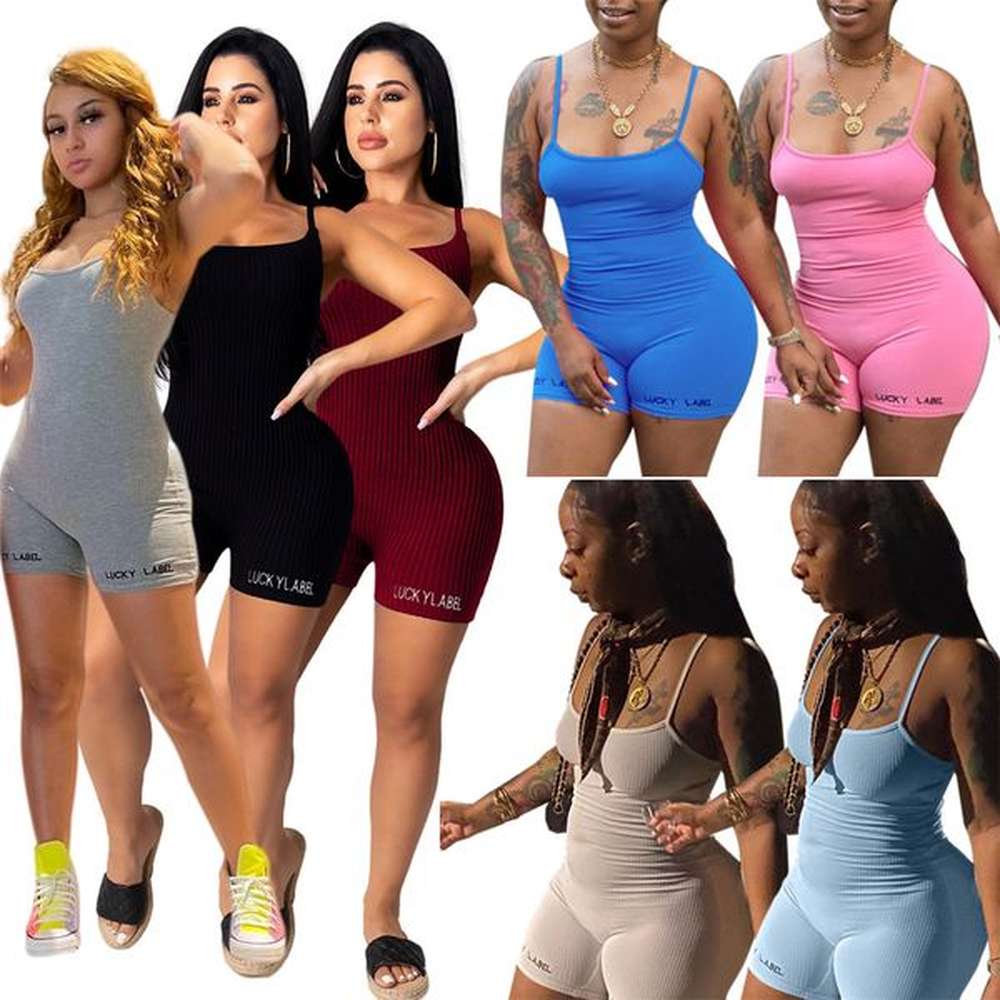 sexy spaghetti strap ribbed rompers women summer embroidery lucky label